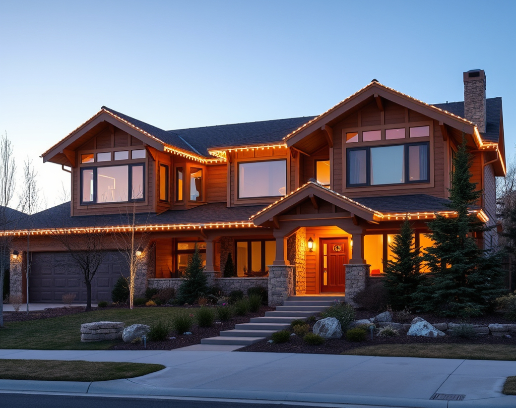 A Superior, CO home decorated with warm white Christmas string lights along the roofline at dusk